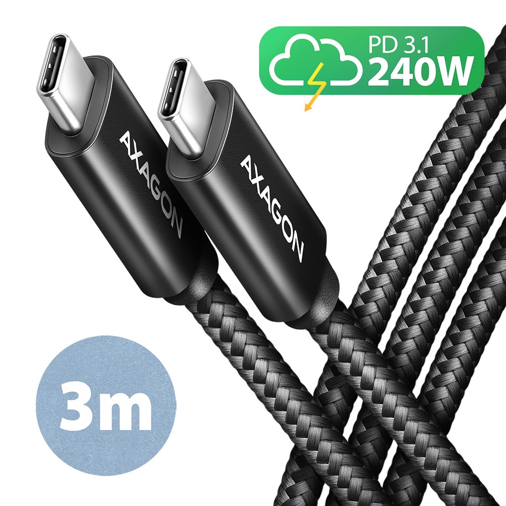Kabel USB-C - USB-C, 3m, 5A, 240W PD, ALU, črn