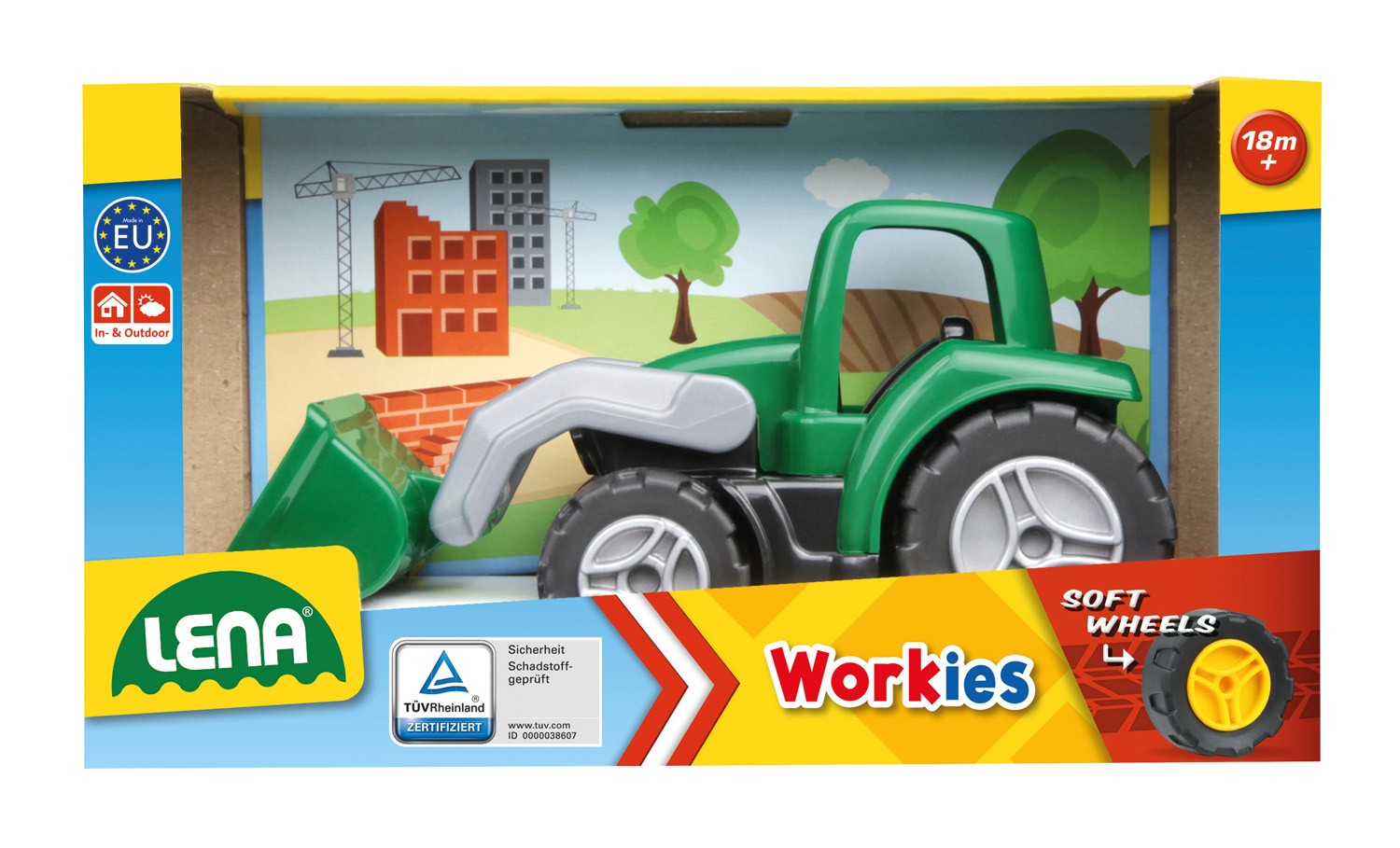 Traktor z žlico Workies v škatli