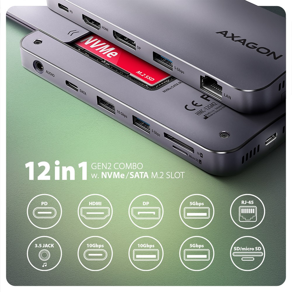 Večportni USB hub 12v1 HMC-12GM2, 10Gbps 2