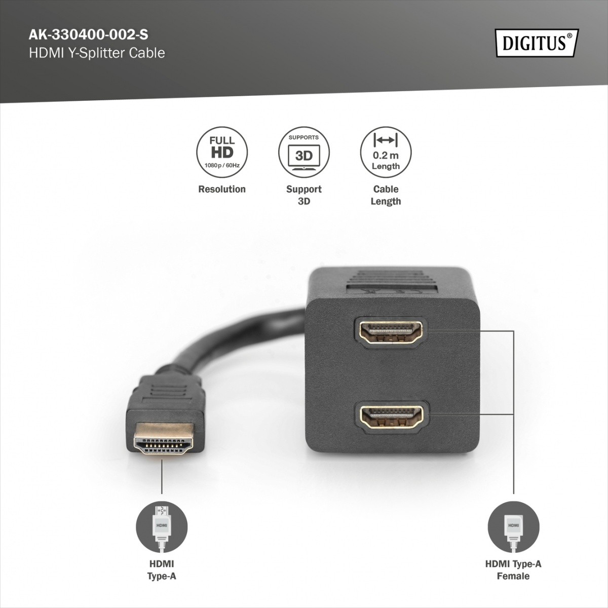 HDMI razdelilni kabel High Speed 1080p, 0.2m, črn 3
