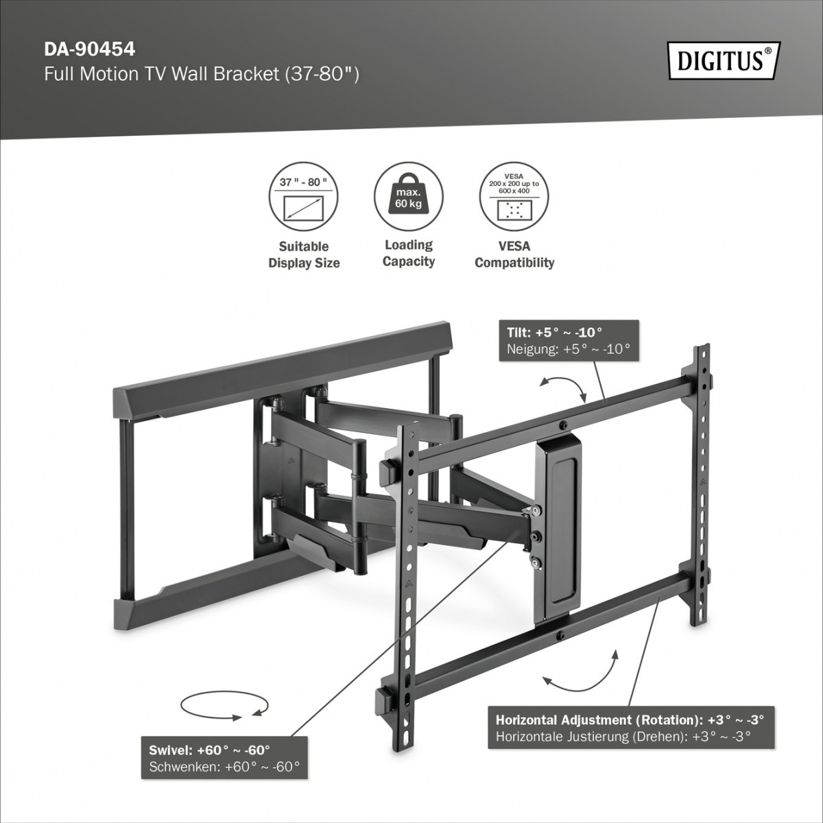 Stenski nosilec za TV 37-80", 60kg, VESA 600x400 2