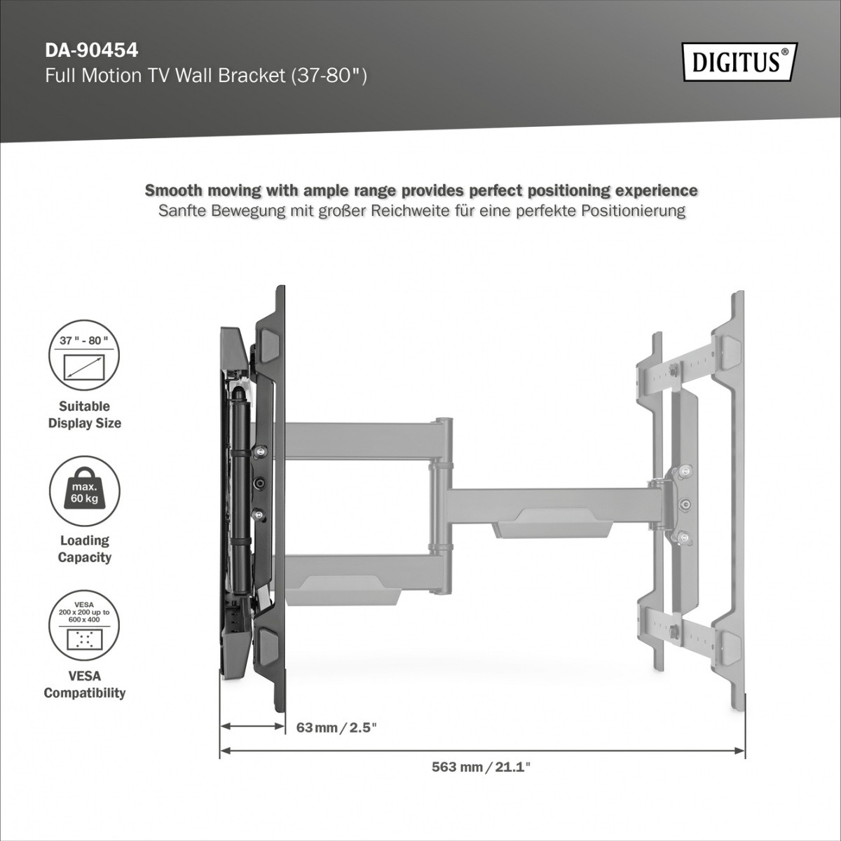 Stenski nosilec za TV 37-80", 60kg, VESA 600x400 3