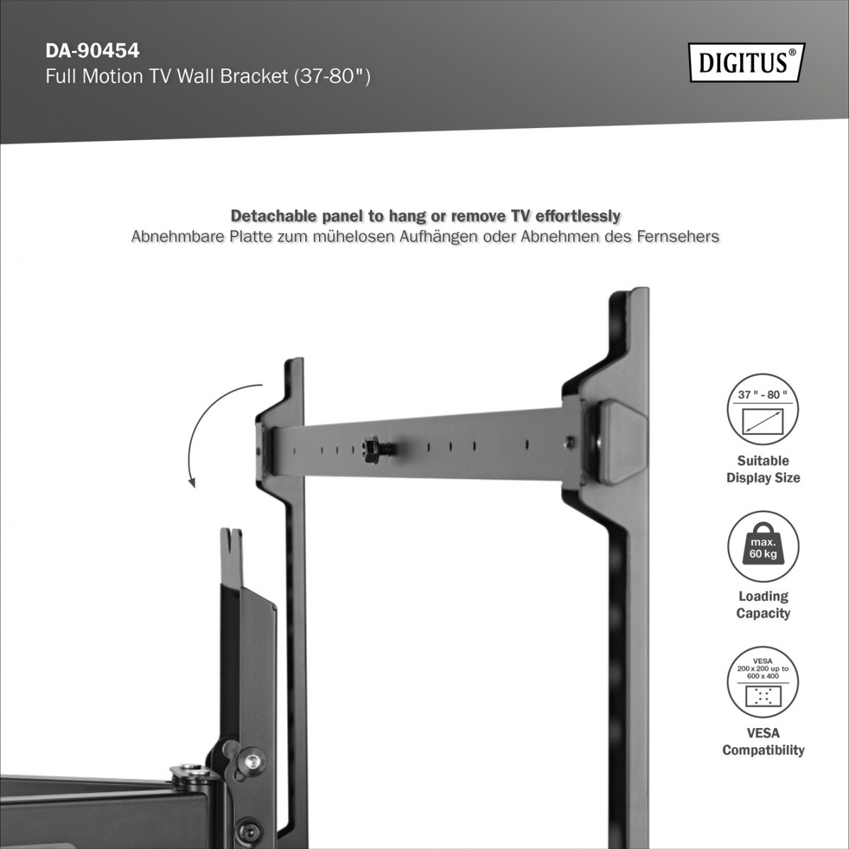 Stenski nosilec za TV 37-80", 60kg, VESA 600x400 5