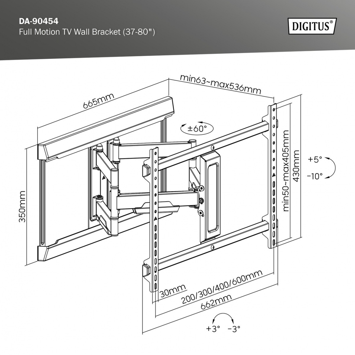 Stenski nosilec za TV 37-80", 60kg, VESA 600x400 6