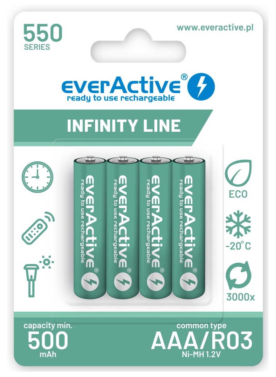 EverActive Ni-MH akumulatorji AAA 550 mAh, Infinity Line, pripravljeni za uporabo (4 kosi)