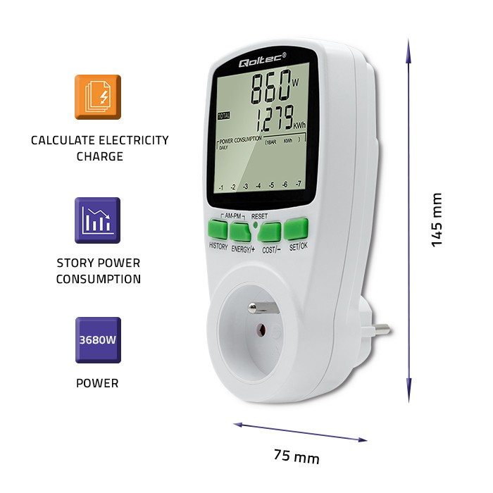 Merač porabe energije PM0627, 3680W, 16A, LCD 4