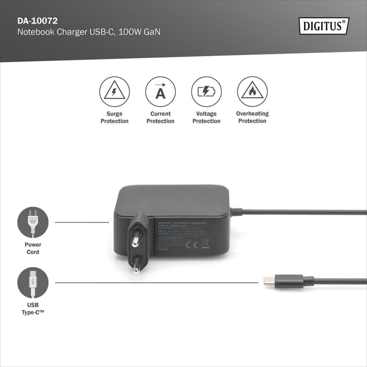 Omrežni polnilnik USB-C PD 3.0 100W GaN, s kablom 1,2 m, črn 3