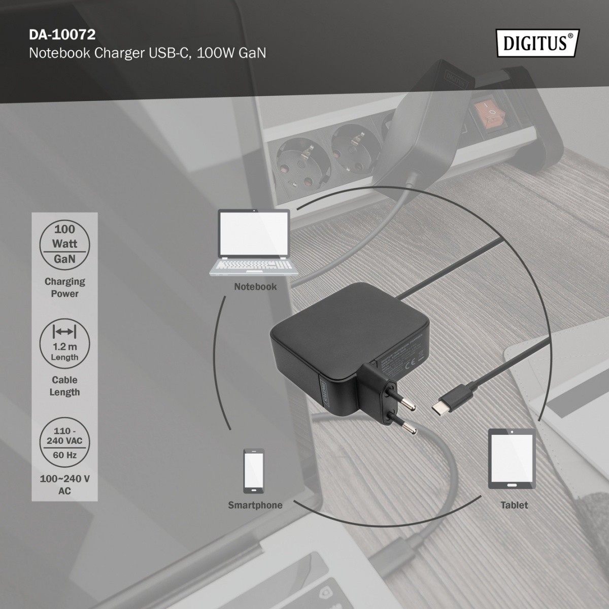 Omrežni polnilnik USB-C PD 3.0 100W GaN, s kablom 1,2 m, črn 4