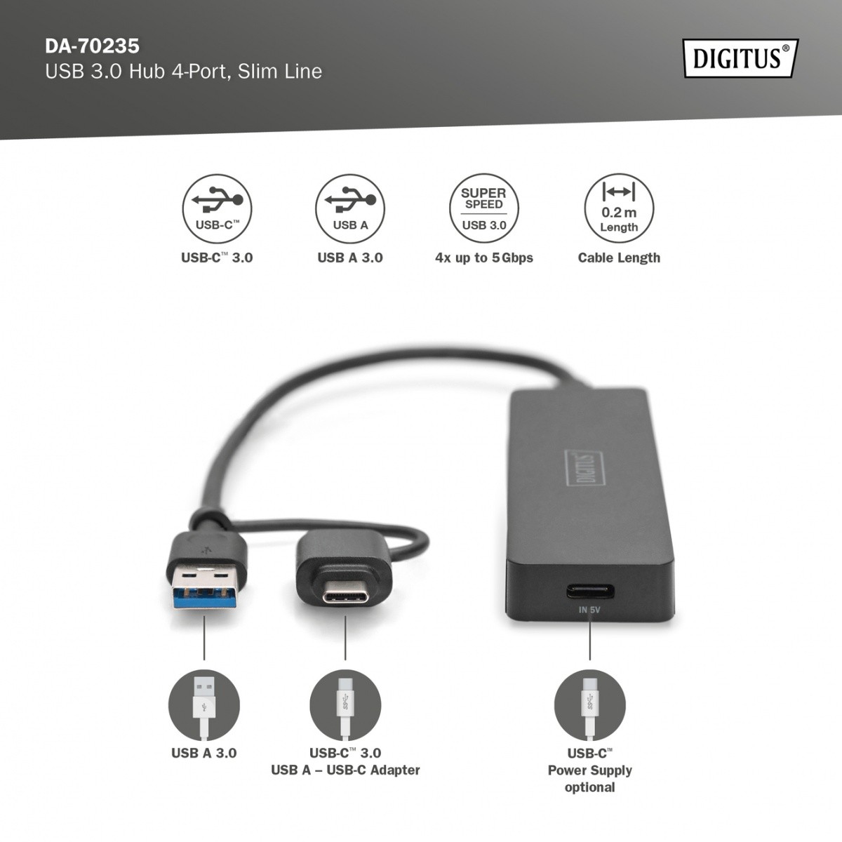 USB 3.0 Hub, 4-portni SlimLine z USB-C vmesnikom in napajanjem 2