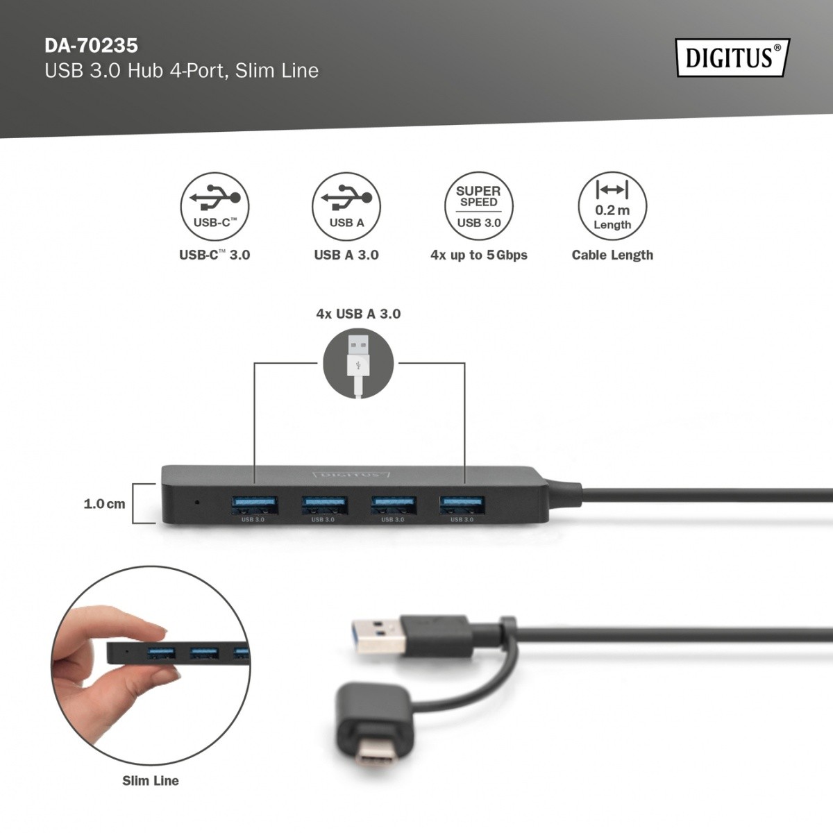 USB 3.0 Hub, 4-portni SlimLine z USB-C vmesnikom in napajanjem 3
