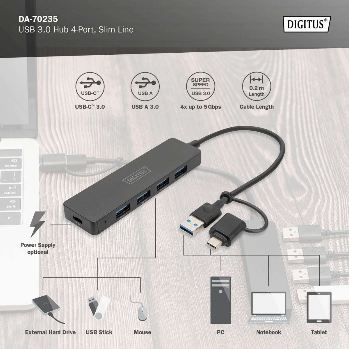 USB 3.0 Hub, 4-portni SlimLine z USB-C vmesnikom in napajanjem 4