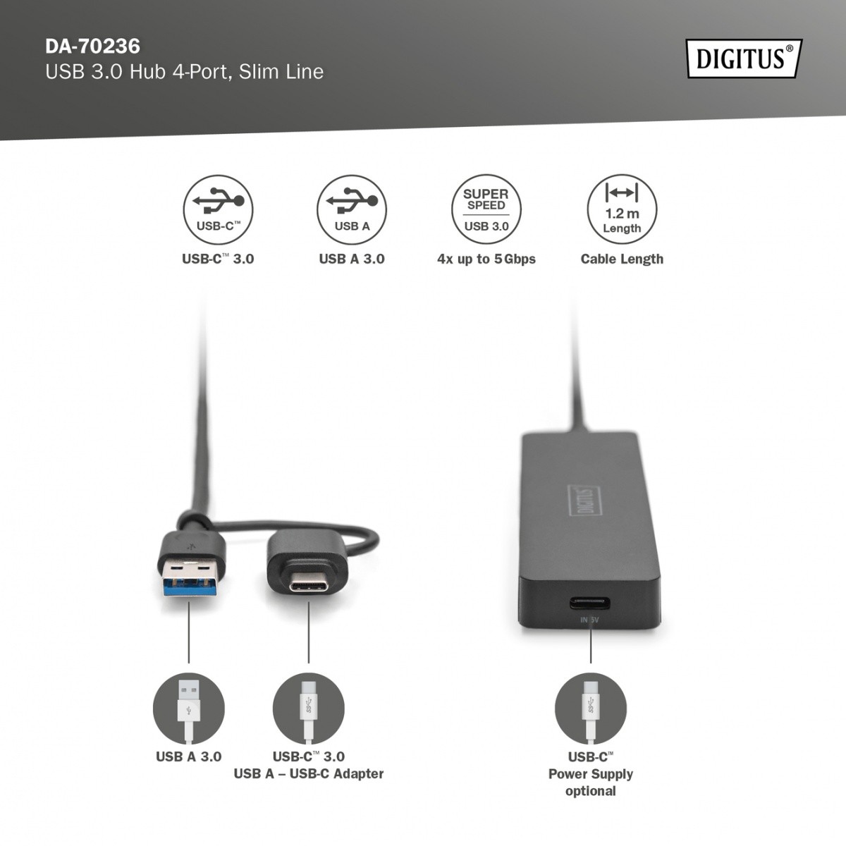 USB 3.0 Hub, 4-portni SlimLine z USB-C, napajanje, kabel 1,2 m 2