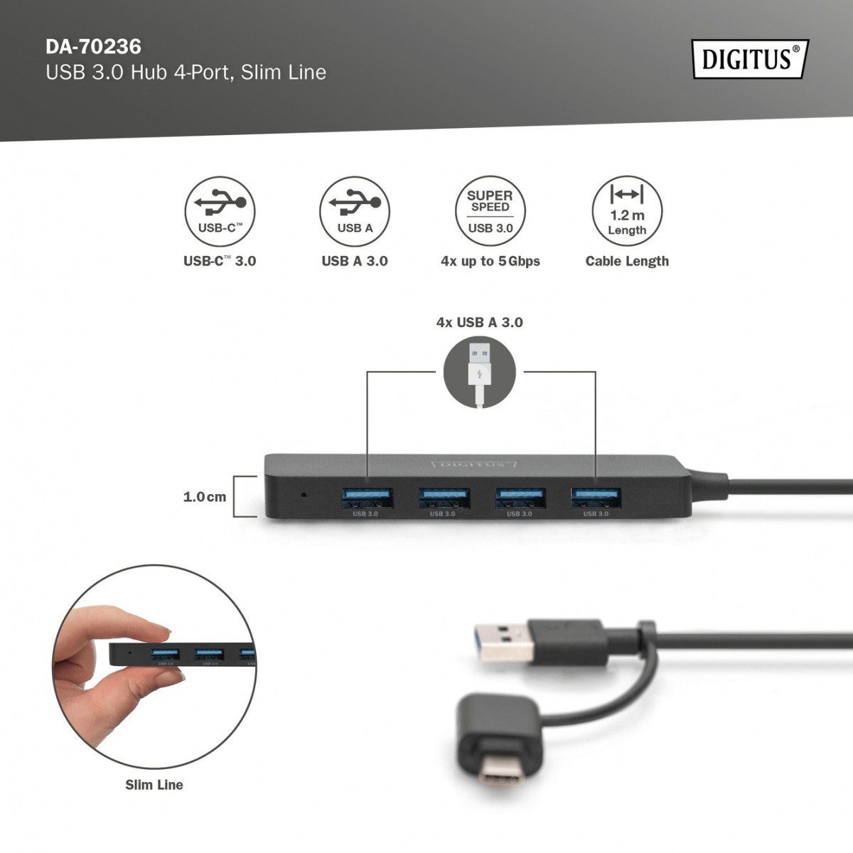 USB 3.0 Hub, 4-portni SlimLine z USB-C, napajanje, kabel 1,2 m 3