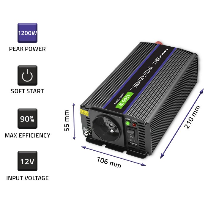 Pretvornik napetosti Monolith 1200W | 12V na 230V | 600/1200W | USB 4