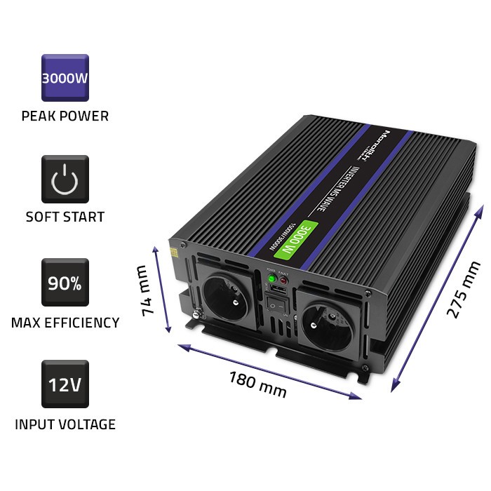 Pretvornik napetosti Monolith 3000W | 12V na 230V | 1500/3000W | USB 4