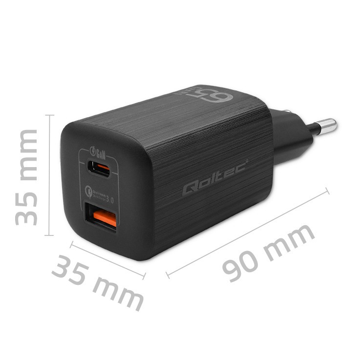 65W GaN ULTRA omrežni polnilnik | USB-C PD | USB-A | Črna 2