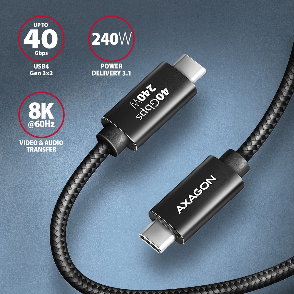AXAGON BUCM4X-CM10AB Kabel USB-C - USB-C, USB4 Gen 3x2 1m, 240W PD, 8K HD 2