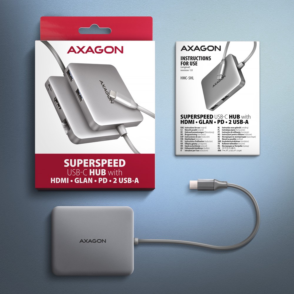 Večportni USB-C hub HMC-5HL, 5Gbps, HDMI 4K, GLAN, PD 100W 6