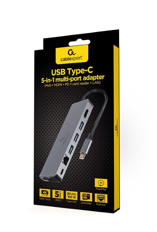 Gembird USB-C Hub: HDMI, GbE, 2x USB-A, čitalnik kartic, PD 5
