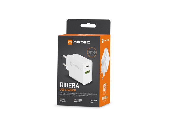 Mrežni polnilnik Ribera 1x USB-A + 1x USB-C, 20W, bel 8