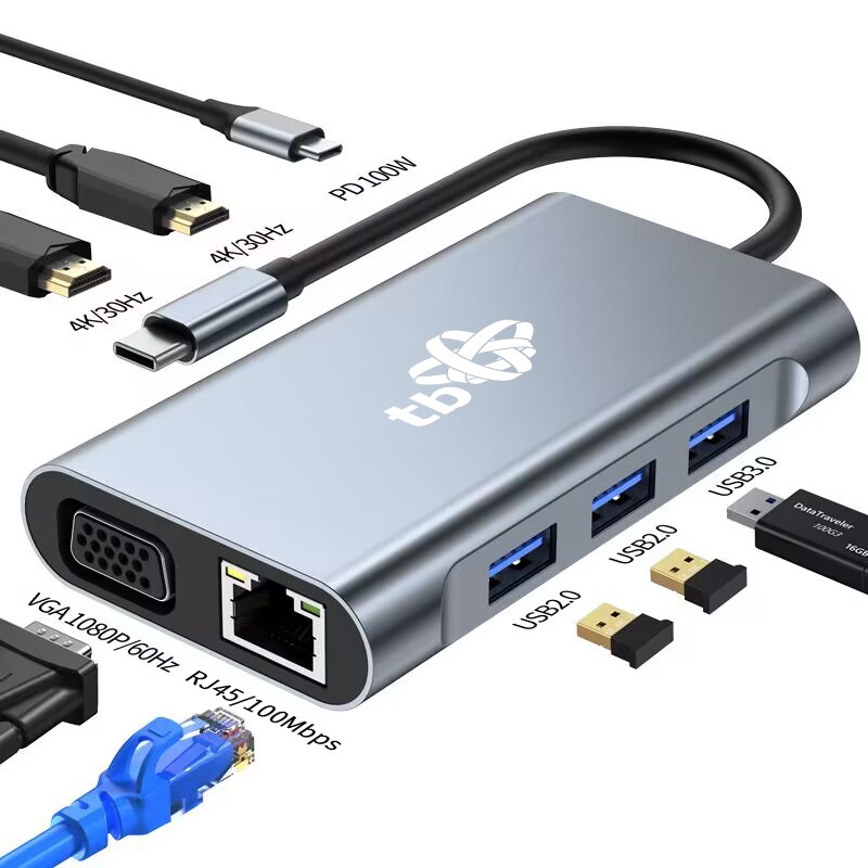 USB-C Hub Adapter 8v1: HDMI x2, USB, VGA, RJ45, PD 2