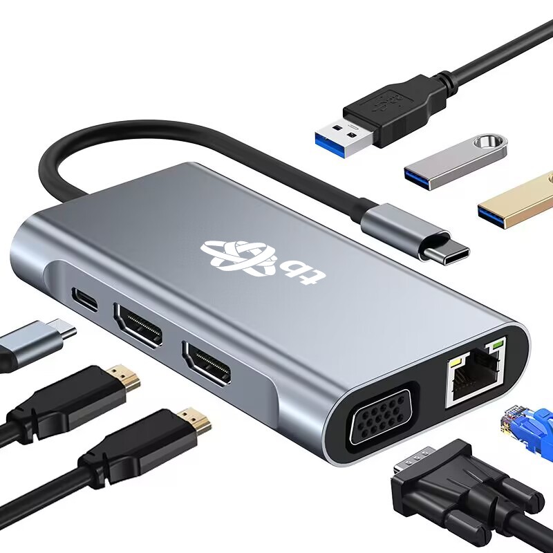 USB-C Hub Adapter 8v1: HDMI x2, USB, VGA, RJ45, PD 3