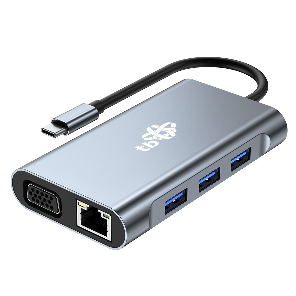 USB-C Hub Adapter 8v1: HDMI x2, USB, VGA, RJ45, PD