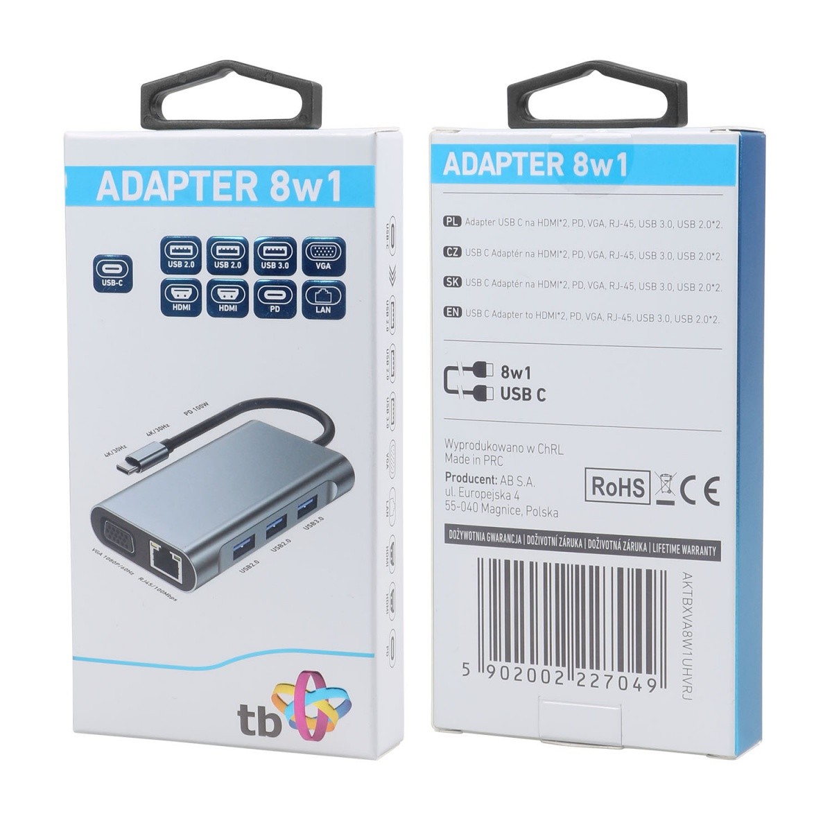 USB-C Hub Adapter 8v1: HDMI x2, USB, VGA, RJ45, PD 6