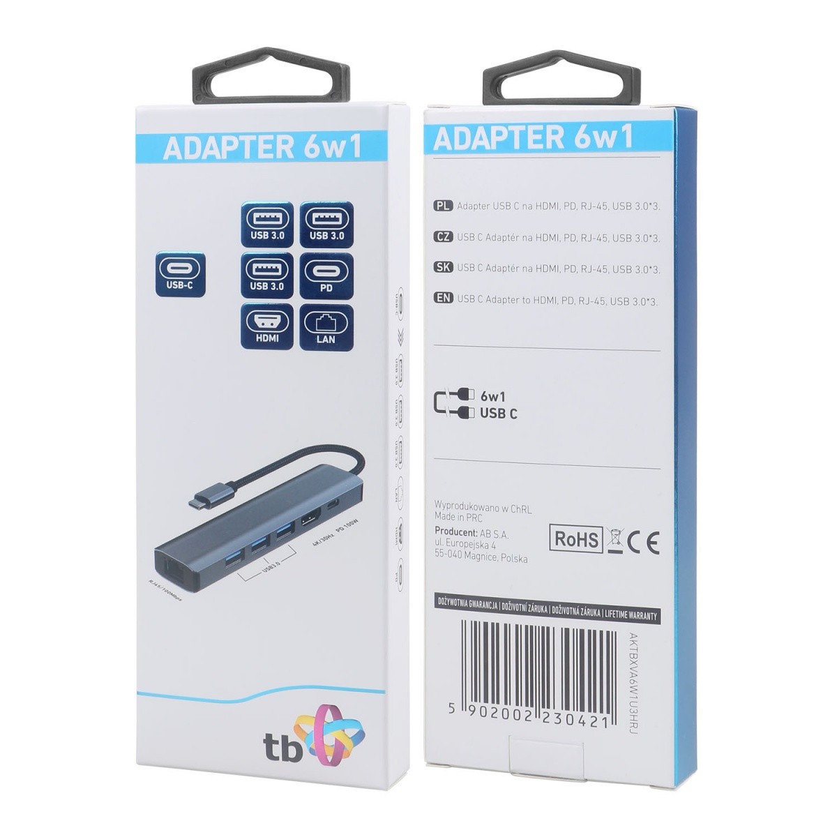 Adapter HUB USB-C 6v1: HDMI, 3x USB, PD, RJ-45