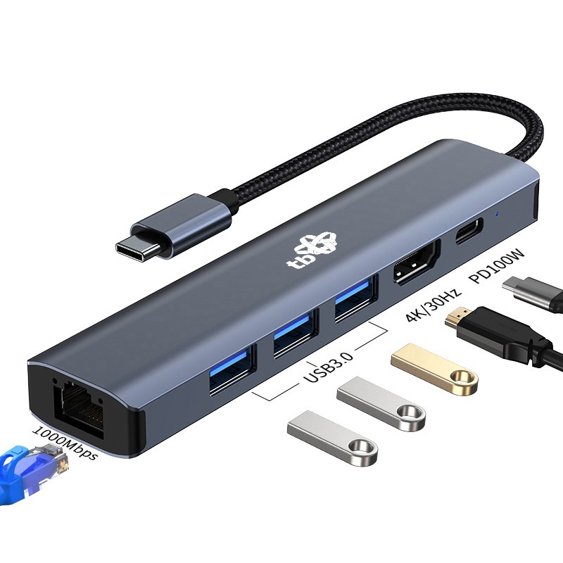 Adapter HUB USB-C 6v1: HDMI, 3x USB, PD, RJ-45 6