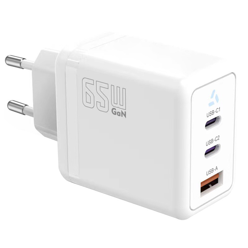 Omrežni polnilnik 2x USB-C + USB-A, GaN 65W, bel