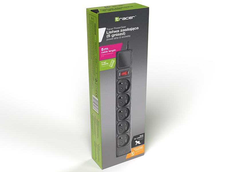 Razširitveni trak Tracer PowerGear 5m, 5 vtičnic, črn 4
