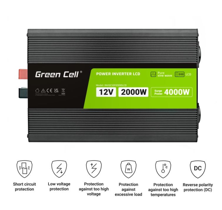 Green Cell pretvornik napetosti 12V 2000W/4000W čist sinus z zaslonom 3
