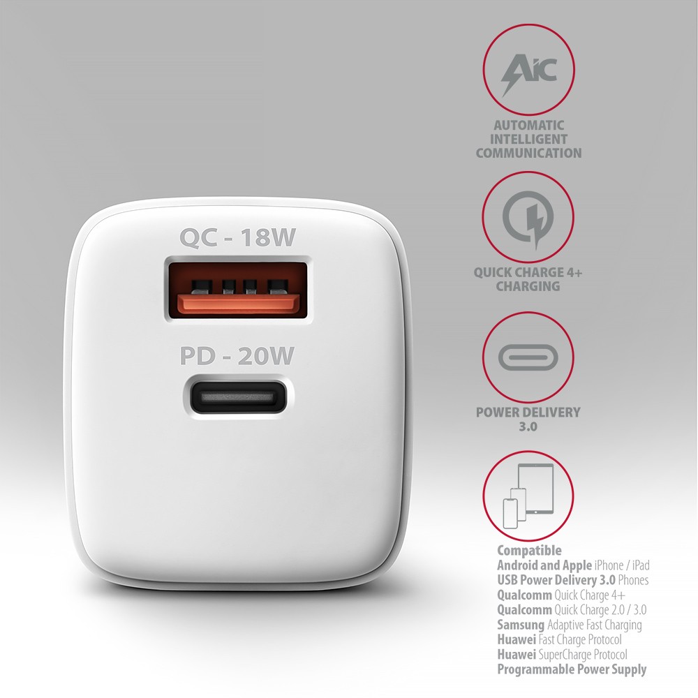ACU-PQ20W Omrežni polnilnik 20W QC3.0/AFC/FCP + PD type-C, bela 4