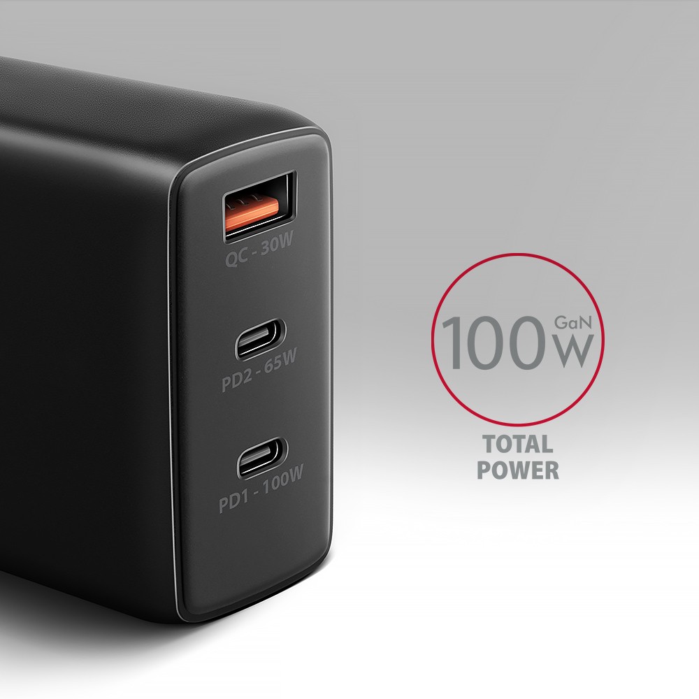 Omrežni Polnilnik GaN 100W USB-C/USB-A, Črn 2
