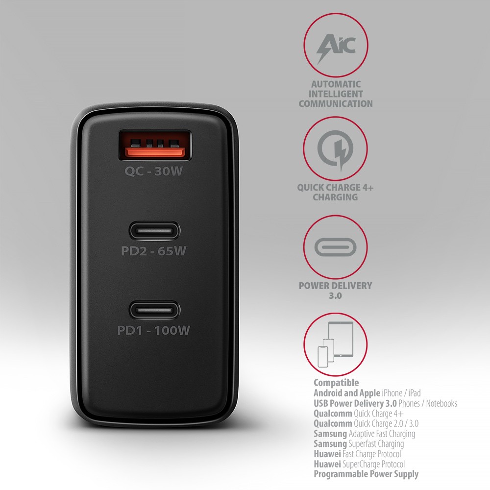 Omrežni Polnilnik GaN 100W USB-C/USB-A, Črn 4