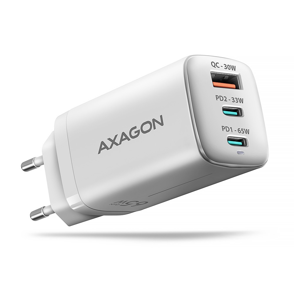 Omrežni Polnilnik GaN 65W USB-C/USB-A, Bela