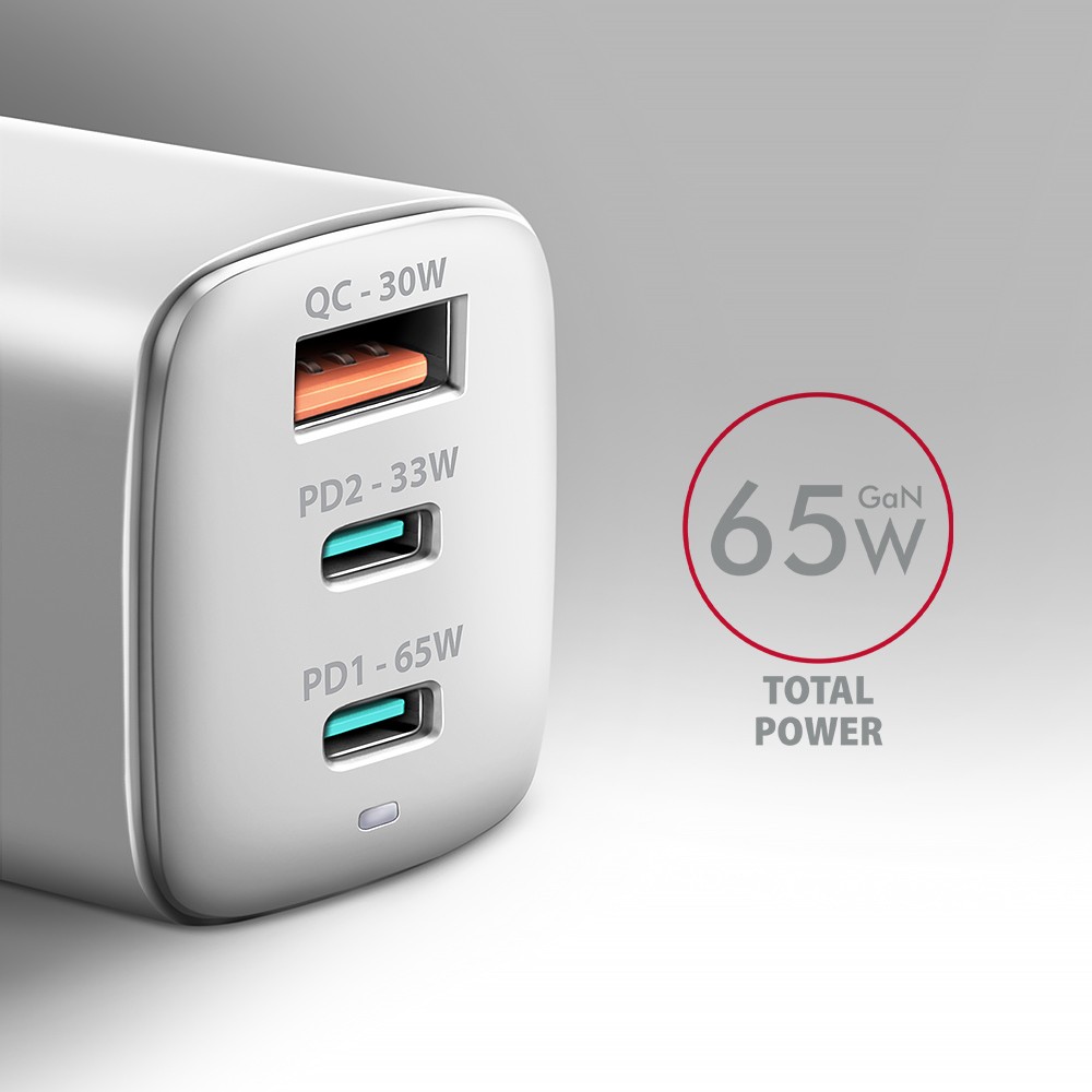 Omrežni Polnilnik GaN 65W USB-C/USB-A, Bela 2