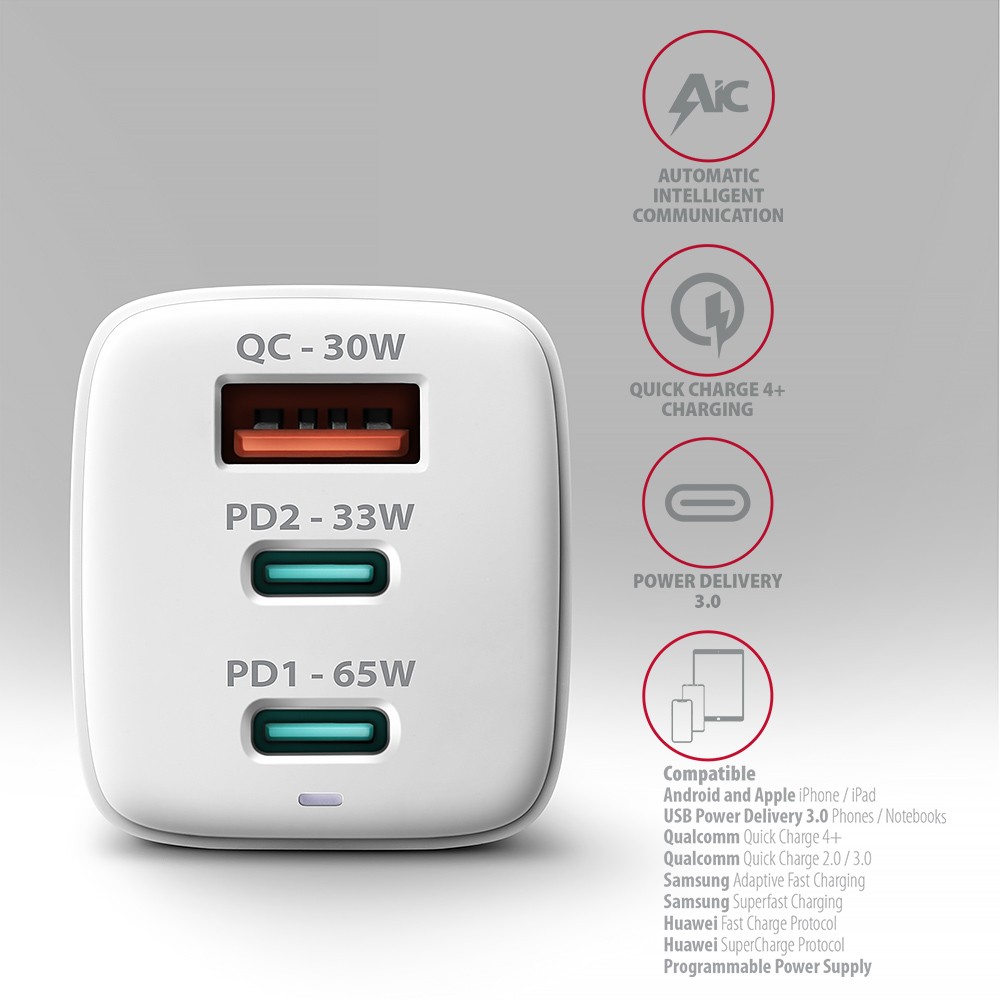 Omrežni Polnilnik GaN 65W USB-C/USB-A, Bela 4