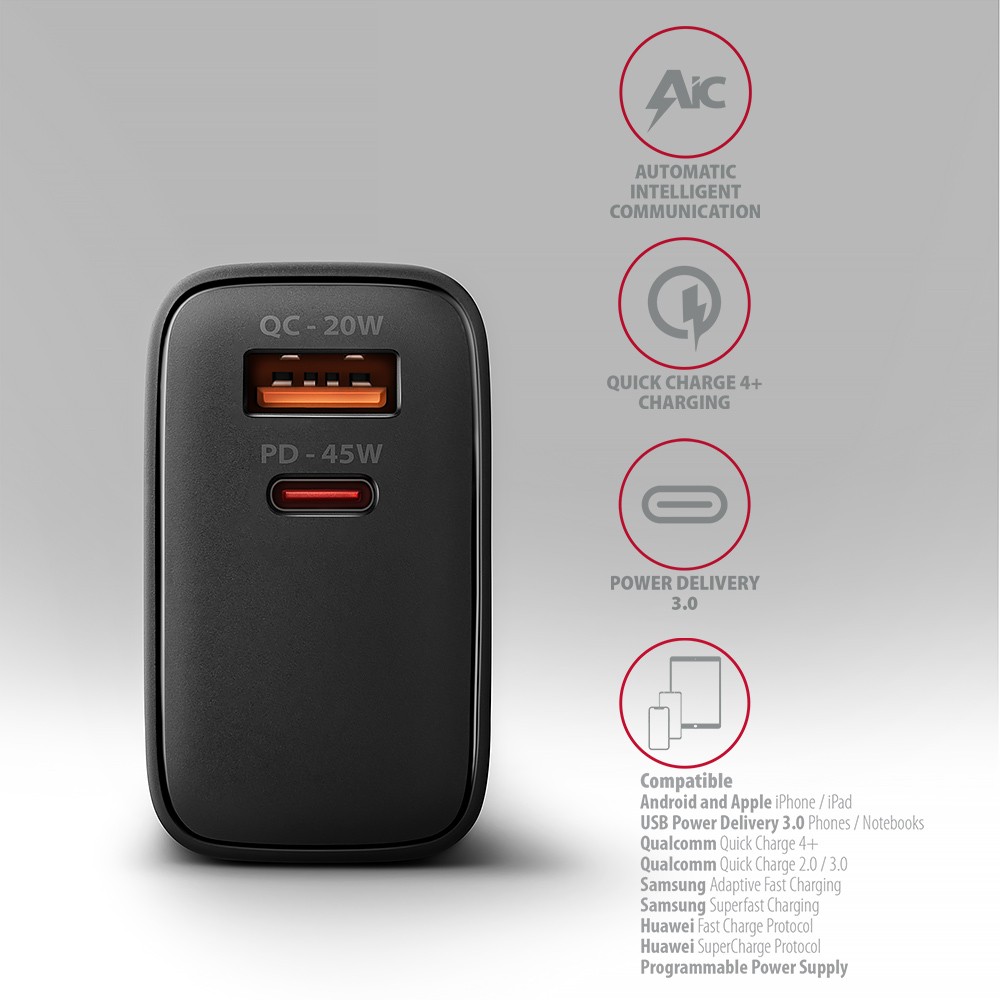 AXAGON ACU-PQ450 polnilnik, 45W, 2xUSB, PD 4