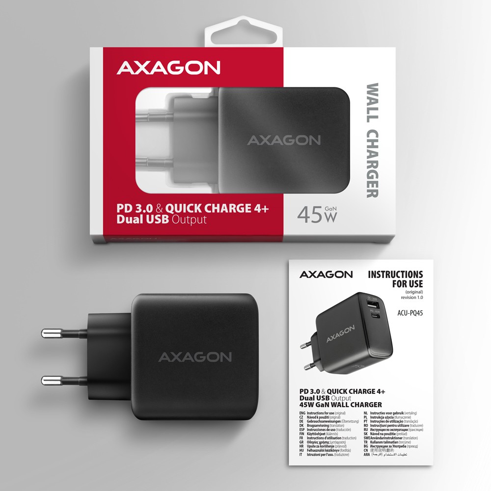 AXAGON ACU-PQ450 polnilnik, 45W, 2xUSB, PD 8