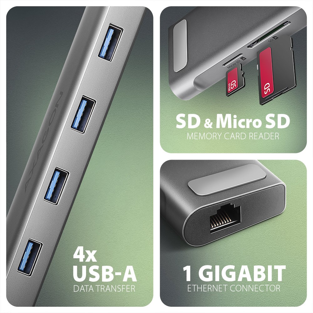 Večportni USB-C 9in1 Hub AXAGON HMC-10HLS (HDMI 4K, GLAN) 3