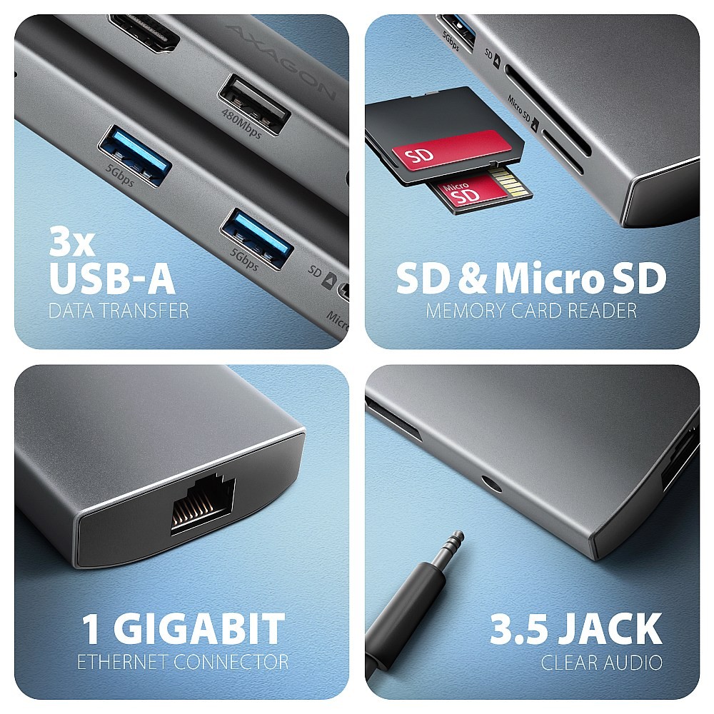 Večportni USB Hub HMC-8HLSA 9v1, HDMI 4K, GLAN 3
