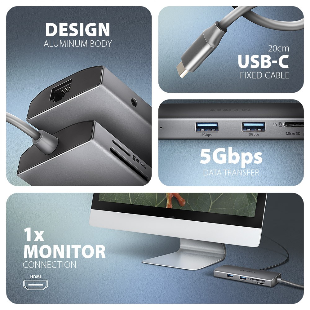 Večportni USB Hub HMC-8HLSA 9v1, HDMI 4K, GLAN 4