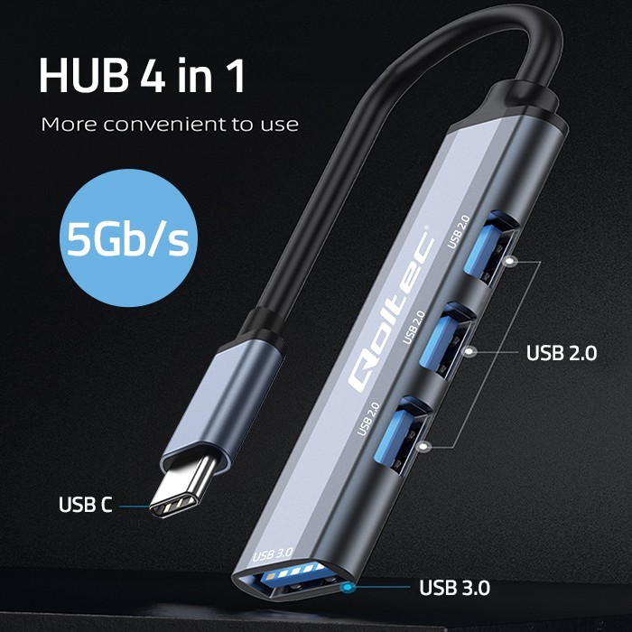 Adapter USB-C 4v1 Qoltec HUB: USB 3.0, 3x USB 2.0 2