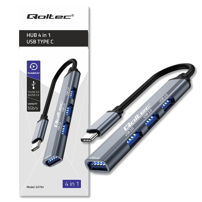 Adapter USB-C 4v1 Qoltec HUB: USB 3.0, 3x USB 2.0 4