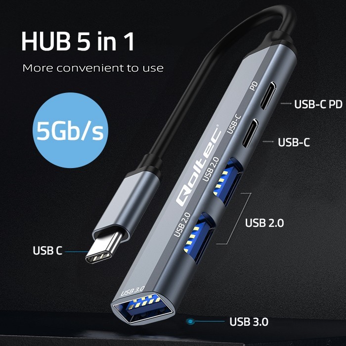 USB-C Hub 5v1, USB-C PD, USB-C, 2x USB 2.0 2