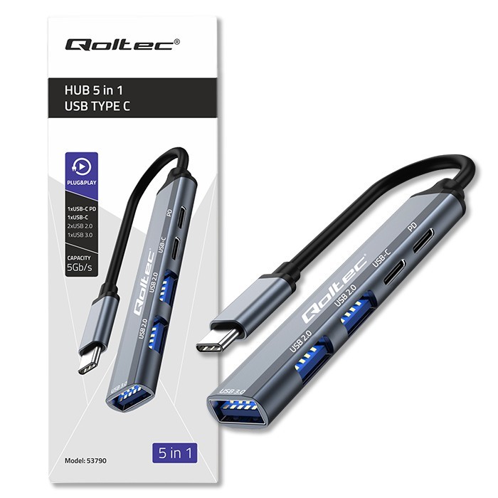 USB-C Hub 5v1, USB-C PD, USB-C, 2x USB 2.0 4