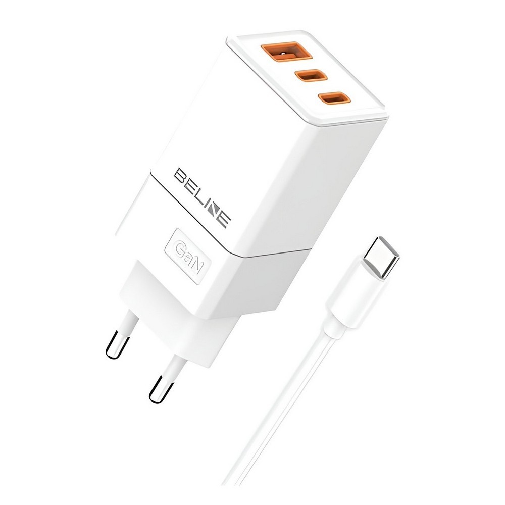 Napajalnik 65W GaN, 2xUSB-C + USB-A + USB-C kabel, bel