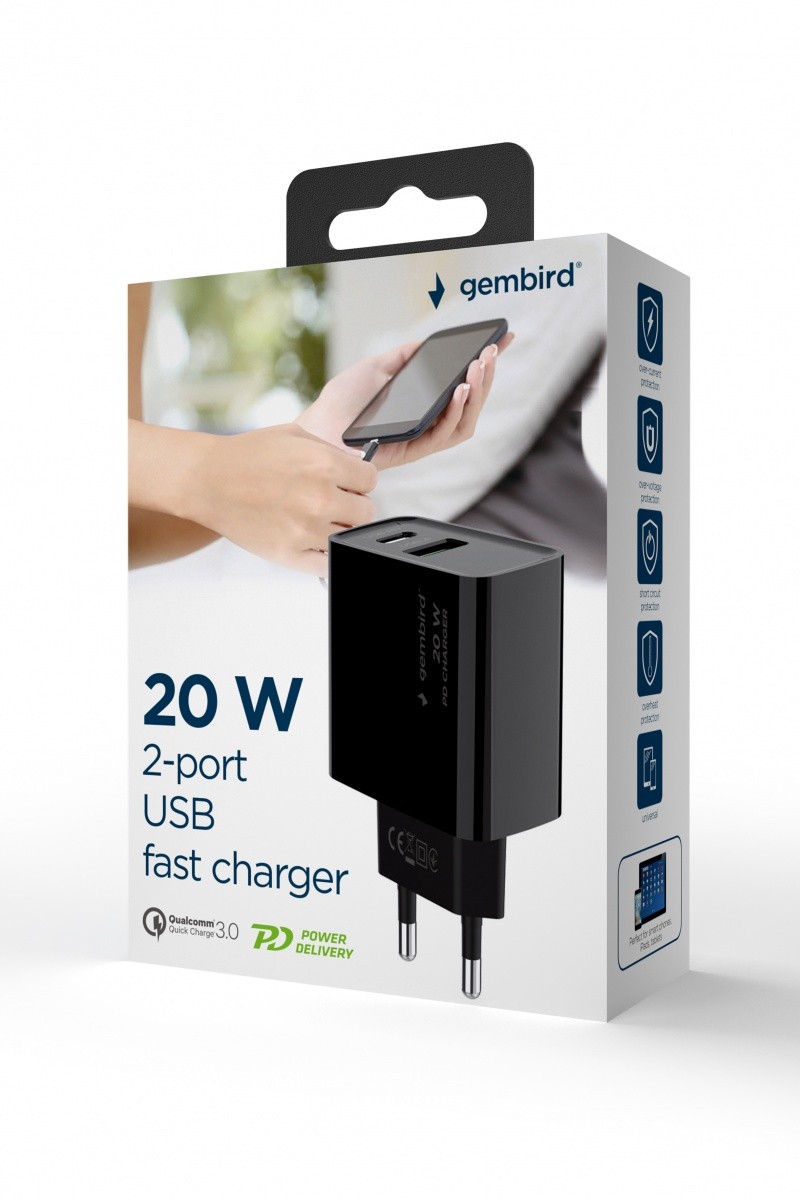 20W USB-A/USB-C polnilnik Power Delivery, črn 2